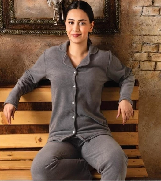 Sude Kadın Gömlek Yaka Polar Pijama Takımı M922 - 1 Adet  M Antrasit
