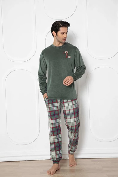 Aydoğan Erkek Kadife Kışlık Bisiklet Yaka Uzun Kol Pijama Takımı 13015 - 1 Adet  M Haki ürün görseli