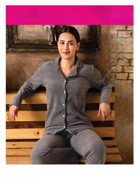 Sude Kadın Gömlek Yaka Polar Pijama Takımı M922 - 1 Adet  Antrasit S - Resim 2