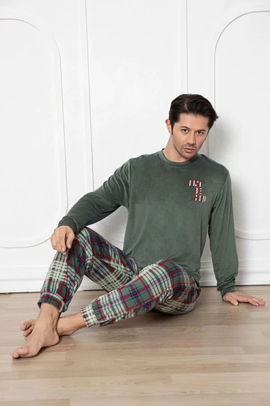 Aydoğan Erkek Kadife Kışlık Bisiklet Yaka Uzun Kol Pijama Takımı 13015 - 1 Adet  M Haki - Resim 2