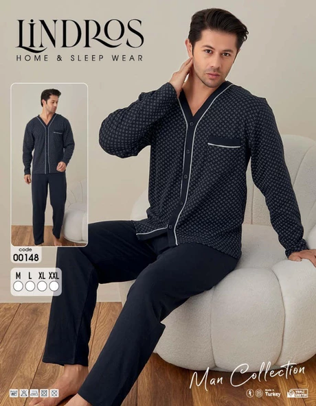 Lindros Erkek Gömlek Yaka İnterlok Uzun Kol Pijama Takımı 00148 - 1 Adet Lacivert 2XL - 2