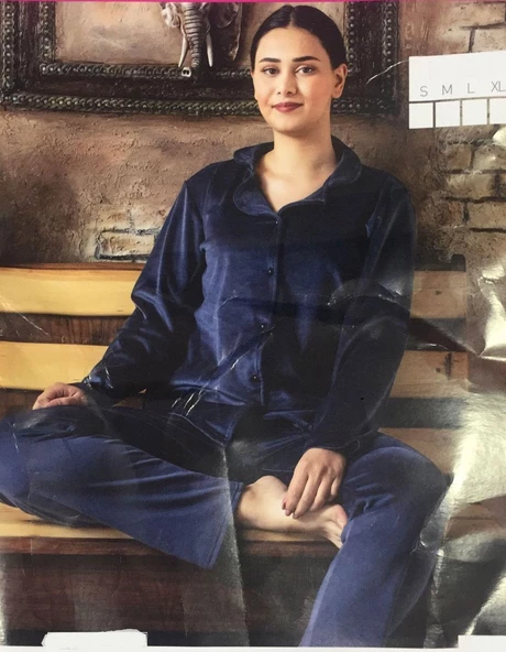 Sude Kadın Kışlık Gömlek Yaka Kadife  Pijama Takımı M22/1 - 1 Adet  L Lacivert