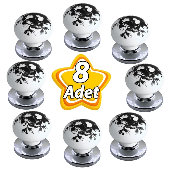 8 Adet Siyah Gül Desenli Beyaz Polimer Düğme Kulp Krom Tablalı Mobilya Mutfak Dolabı Çekmece Kulbu Kulpları ürün görseli 1