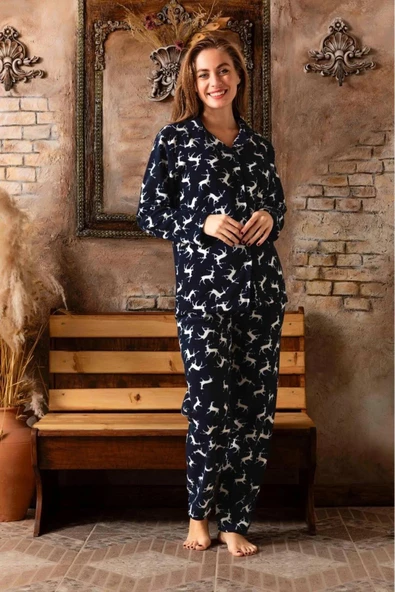 Sude Kadın Gömlek Yaka Polar Pijama Takımı M913 - 1 Adet  Lacivert S - 2