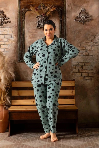 Sude Kadın Büyük Beden Kışlık Polar Gömlek Yaka Pijama Takımı 484 - 1 Adet  Yeşil 2XL