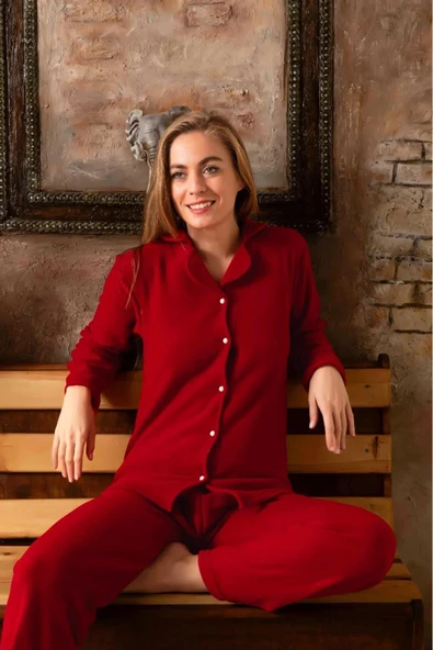 Sude Kadın Gömlek Yaka Polar Pijama Takımı M916/1 - 1 Adet  L Bordo ürün görseli 1