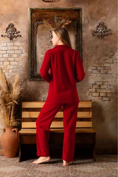 Sude Kadın Gömlek Yaka Polar Pijama Takımı M916/1 - 1 Adet  L Bordo - Resim 3