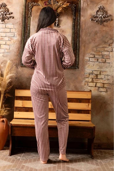 Sude Kadın Kışlık Gömlek Yaka Kadife Çizgili Pijama Takımı P200/840 - 1 Adet  M Pembe - Resim 3