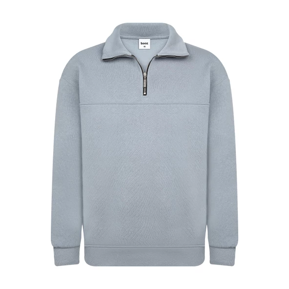 Unisex Relax Fit Rahat Kesim Pamuklu Yarım Fermuarlı Dik Yaka Sweatshirt - 7