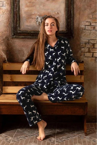 Sude Kadın Gömlek Yaka Polar Pijama Takımı M913 - 1 Adet  M Lacivert
