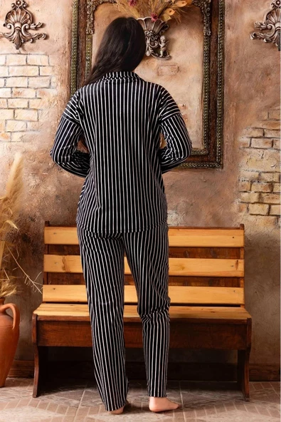 Sude Kadın Kışlık Gömlek Yaka Kadife Çizgili Pijama Takımı P200/841 - 1 Adet  Siyah L - 3