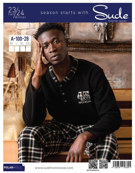 Sude Erkek Yakası Düğmeli Kışlık Polar Pijama Takımı A100/28 - 1 Adet  Siyah L - Resim 4