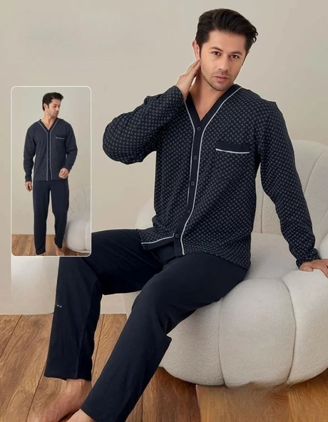 Lindros Erkek Gömlek Yaka İnterlok Uzun Kol Pijama Takımı 00148 - 1 Adet Lacivert 2XL