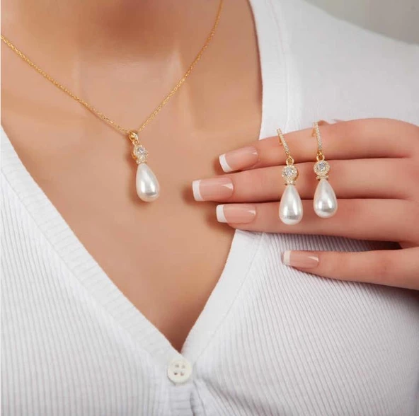 Himarry 925 Ayar Gümüş Gold Damla İnci Kadın Set