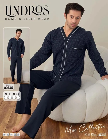 Lindros Erkek Gömlek Yaka İnterlok Uzun Kol Pijama Takımı 00145 - 1 Adet  XL Lacivert - 2