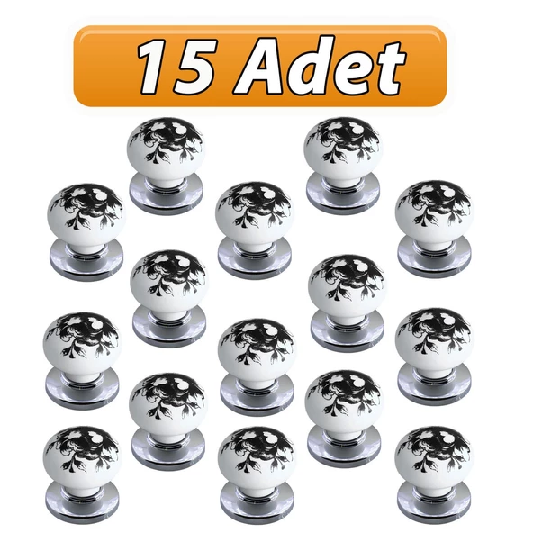 15 Adet Siyah Gül Desenli Beyaz Polimer Düğme Kulp Krom Tablalı Mobilya Mutfak Dolabı Çekmece Kulbu Kulpları