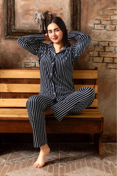 Sude Kadın Kışlık Gömlek Yaka Kadife Çizgili Pijama Takımı P200/841 - 1 Adet  Siyah L