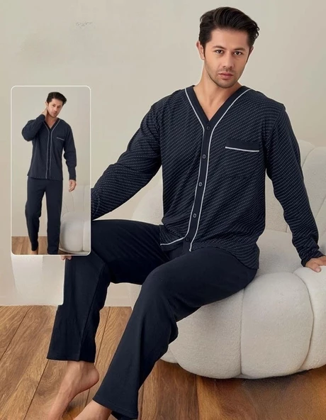 Lindros Erkek Gömlek Yaka İnterlok Uzun Kol Pijama Takımı 00146 - 1 Adet M Lacivert