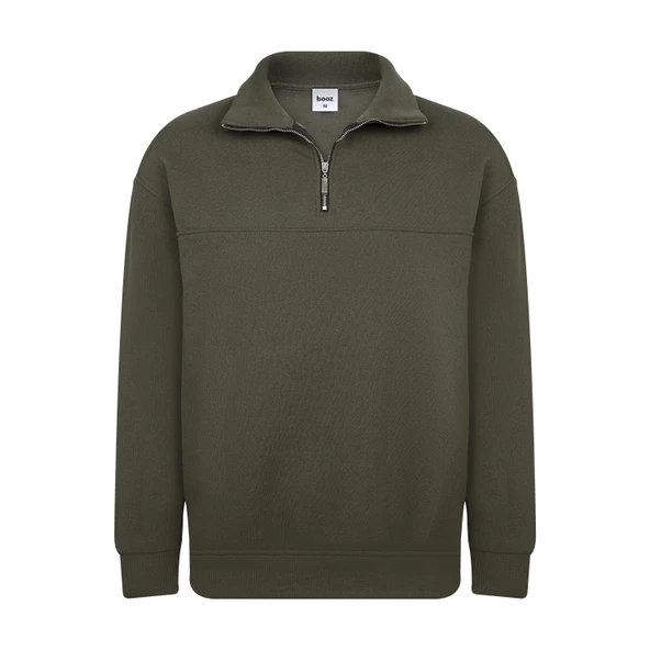 Unisex Relax Fit Rahat Kesim Pamuklu Yarım Fermuarlı Dik Yaka Sweatshirt - 5