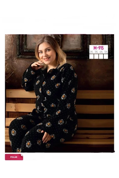 Sude Kadın Büyük Beden Kışlık Polar Gömlek Yaka Pijama Takımı M 915- 1 Adet  Siyah 2XL