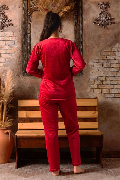 Sude Kadın Kışlık Bisiklet Yaka Kadife Pijama Takımı K803/97 - 1 Adet  Kırmızı S - Resim 3