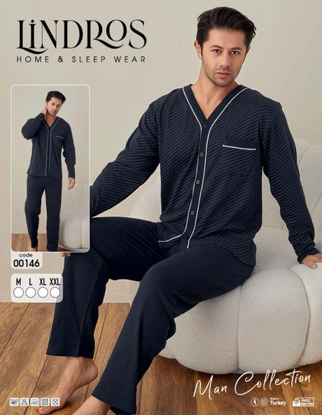 Lindros Erkek Gömlek Yaka İnterlok Uzun Kol Pijama Takımı 00146 - 1 Adet XL Lacivert - 2