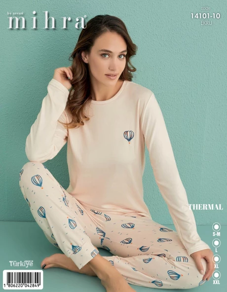 Mihra Kadın Bisiklet Yaka TERMAL Pijama Takımı 14101/10 - 1 Adet  Ekru 2XL - Resim 2