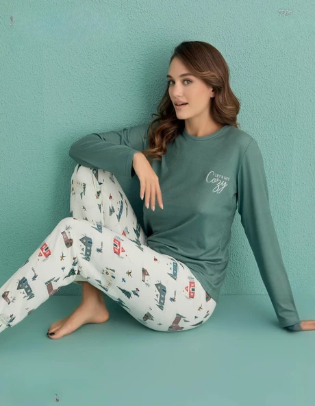 Mihra Kadın Bisiklet Yaka TERMAL Pijama Takımı 14101/15 - 1 Adet  Yeşil 2XL