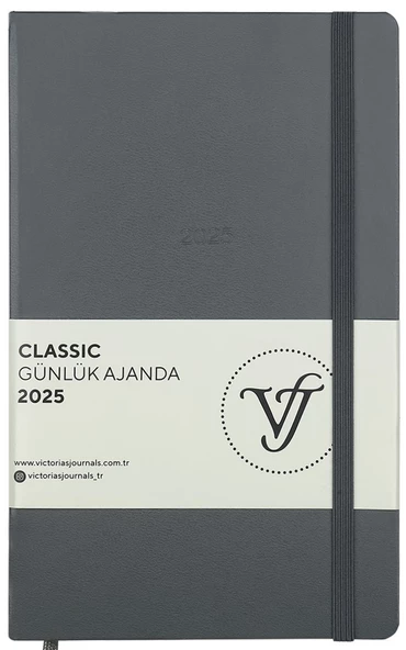 VJ AJANDA 2025 GÜNLÜK 13x21 CLASSIC SERT KAPAK IVORY 70 GR LASTİKLİ GRİ 384 SF. 124-1454 - 1 ADET