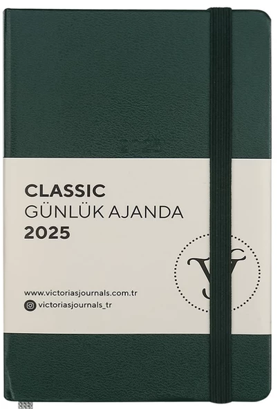 VJ AJANDA 2025 GÜNLÜK 9x14 CLASSIC SERT KAPAK IVORY 70 GR LASTİKLİ YEŞİL 384 SF. 124-1486 - 1 ADET