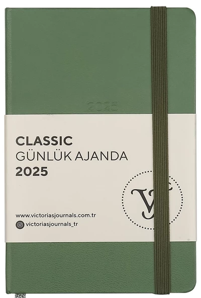 VJ AJANDA 2025 GÜNLÜK 9x14 CLASSIC SERT KAPAK IVORY 70 GR LASTİKLİ ZEYTİN YEŞİLİ 384 SF. 124-1487 - 1 ADET