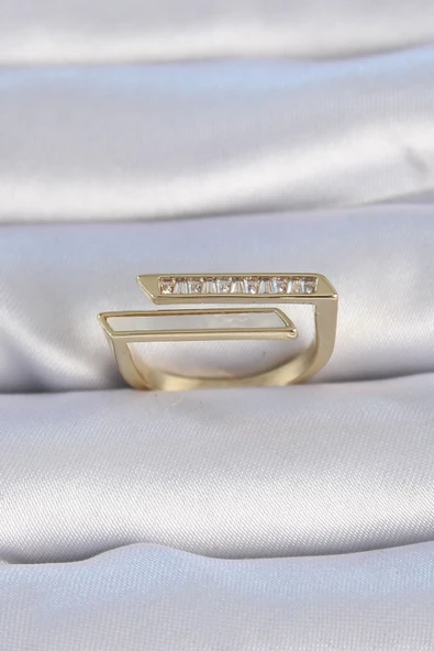 Pirinç Gold Renk Zirkon Taşlı Beyaz Sedef Detay Kadın Yüzük ürün görseli 1