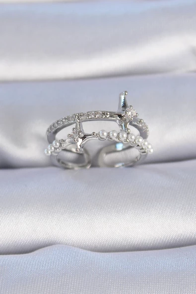 Pirinç Gümüş Renk Zirkon Taşlı İnci Detay Kutup Yıldızı Model Kadın Yüzük ürün görseli 1