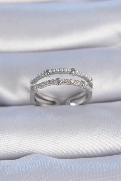 Pirinç Gümüş Renk Zirkon Taşlı İnci Detay Kadın Yüzük ürün görseli 1