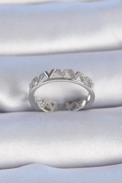 Pirinç Gümüş Renk "V" Model Zirkon Taşlı Kadın Yüzük ürün görseli 1