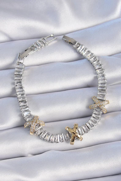 Pirinç Gümüş Renk Taşlı Su Yolu Model VİP Seri Kadın Bileklik ürün görseli 1