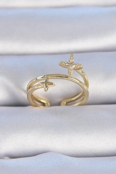 Pirinç Gold Renk Zirkon Taşlı Yıldız Model Kadın Yüzük ürün görseli 1