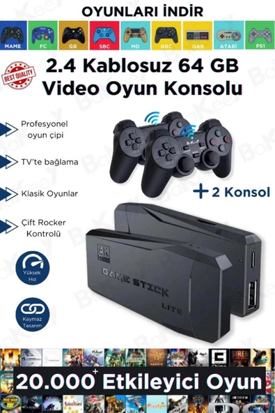 Taşınabilir 2.4G Kablosuz Çift Kollu 20000 Atari Oyunlu Oyun Konsolu 4K Game Stick Retro Oyun Konsol