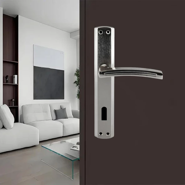 Armoni Oda Kapı Kolu Nikel İnox Aynalı Sağa Sola Uygun Ön Arka Oda Kapısı 1 Takım - Resim 4