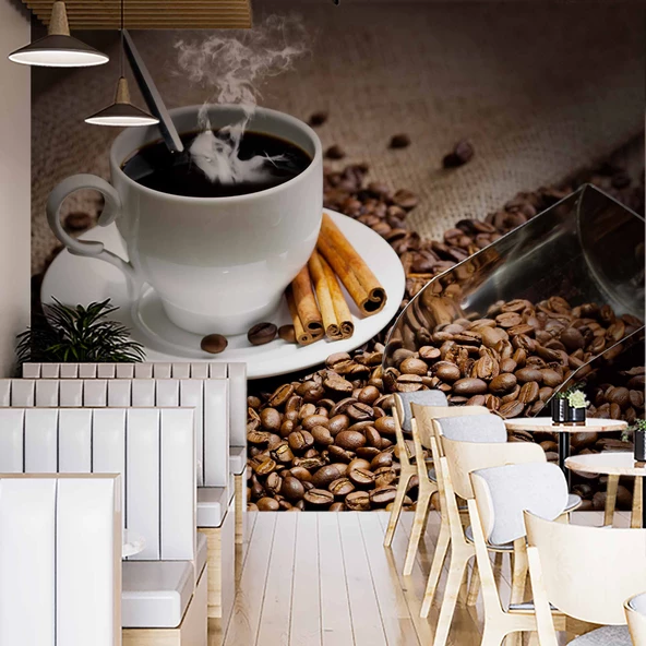 Fincan ve Kahve Çekirdeği Temalı Cafe Duvar Kağıdı Baskı - 2