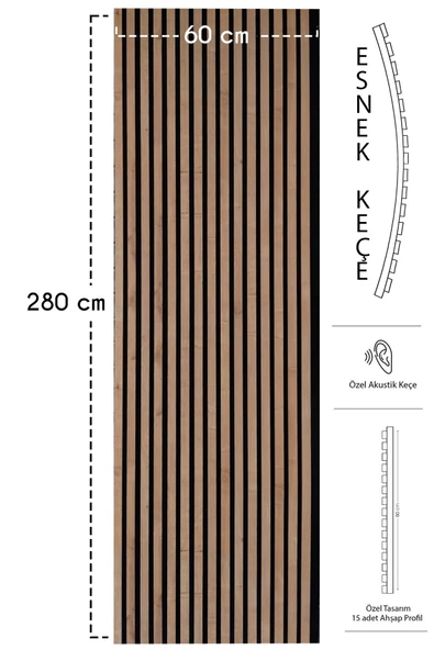 Mdf Ahşap Akustik Duvar Kaplama Paneli 60x280 Cm Safir Meşe