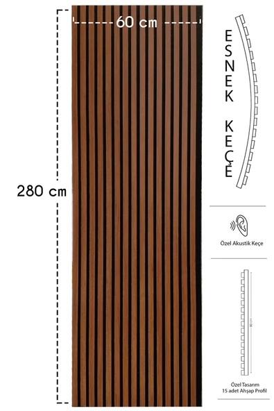 Mdf Ahşap Akustik Duvar Kaplama Paneli 60x280 Cm Teak