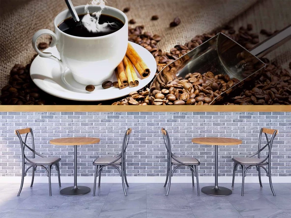 Fincan ve Kahve Çekirdeği Temalı Cafe Duvar Kağıdı Baskı - 4