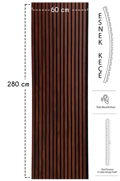 Mdf Ahşap Akustik Duvar Kaplama Paneli 60x280 Cm Polisander