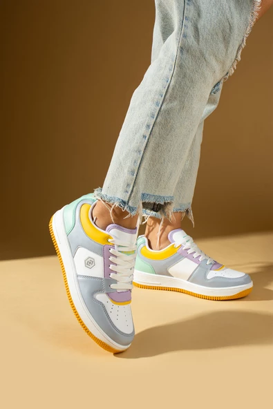 Pembe Potin Bağcıklı Ortopedik Kaymaz Kırılmaz Taban Konforlu Kadın Sneakers 001-2100-Msarı - 2