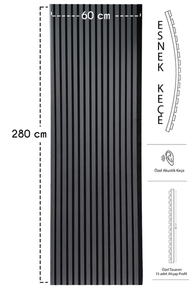 Mdf Ahşap Akustik Duvar Kaplama Paneli 60x280 Cm Antrasit