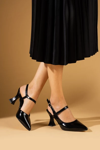 Pembe Potin Sivri Burun Arkası Açık Kadeh Topuklu Kadın Ayakkabı 018-811-24Rugan - Resim 4