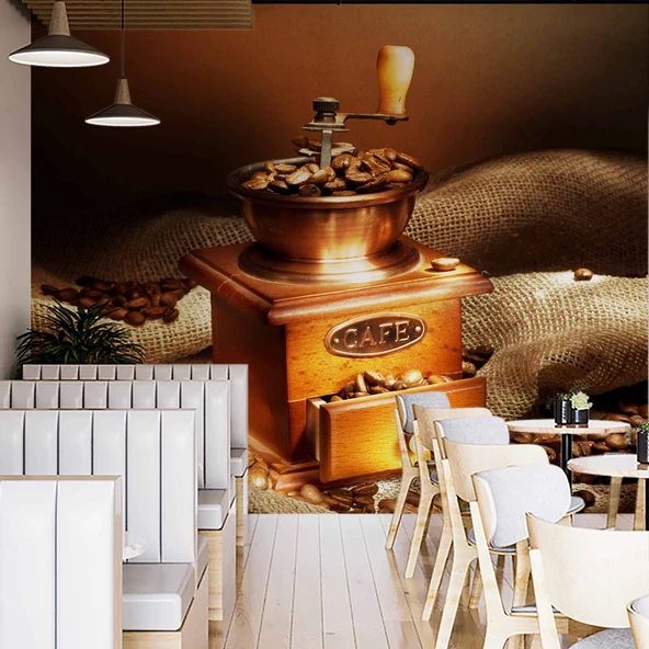 Kahve Çekme Makineli Cafe Duvar Kağıdı Baskı - Resim 2