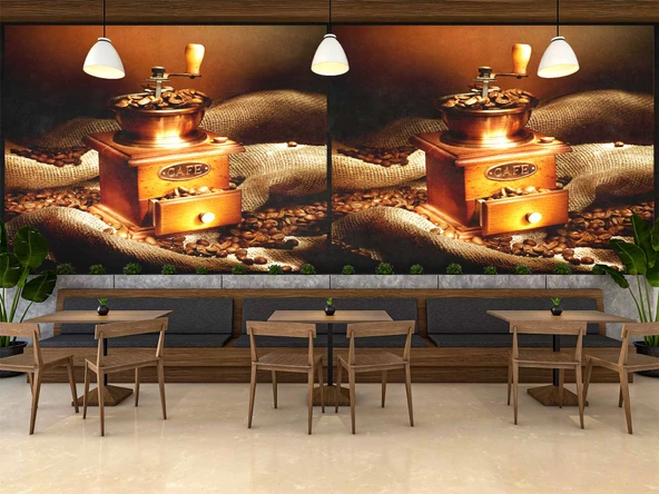 Kahve Çekme Makineli Cafe Duvar Kağıdı Baskı - Resim 3