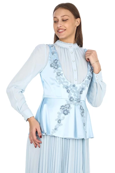 Saten Yelekli Dantel Detaylı Pliseli Abiye 2706-Bebe Mavisi - 2